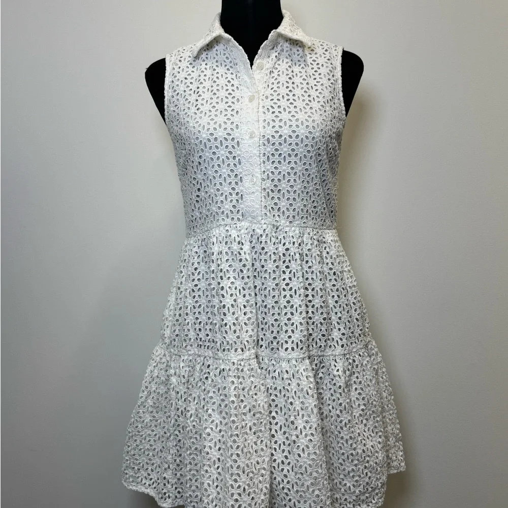 Kate Spade White Eyelet Sleeveless Tiered Shirt Dress w/ Pockets